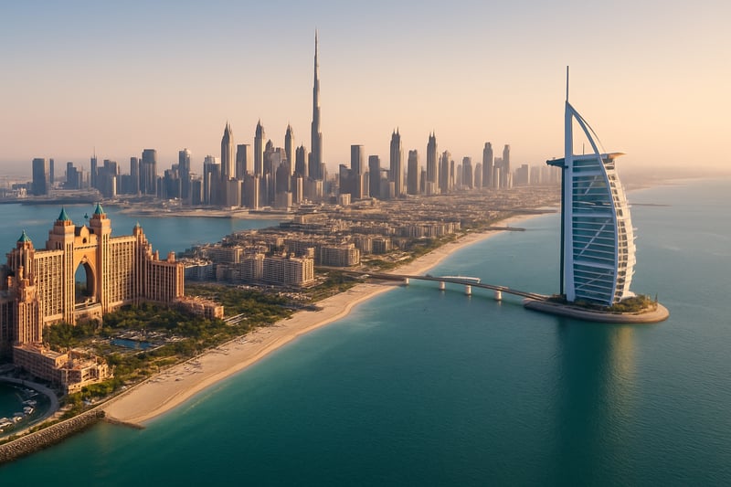A panoramic view of Dubai's skyline with luxurious hotels and the Arabian Gulf. A panoramic view of Dubai's skyline with luxurious hotels and the Arabian Gulf.