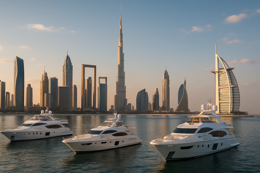 Dubai skyline with luxury yachts and iconic landmarks