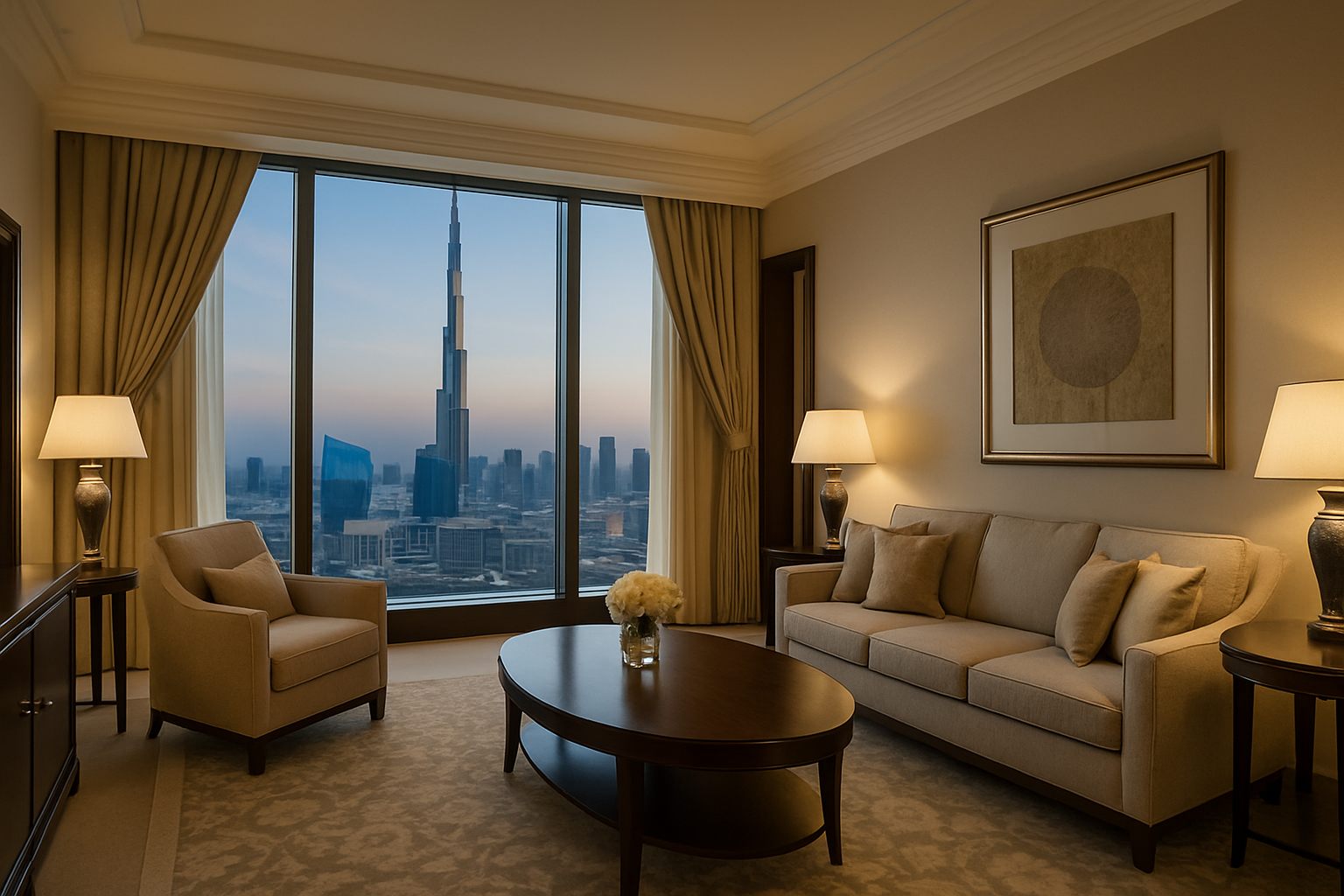 Elegant five-star hotel suite overlooking Burj Khalifa