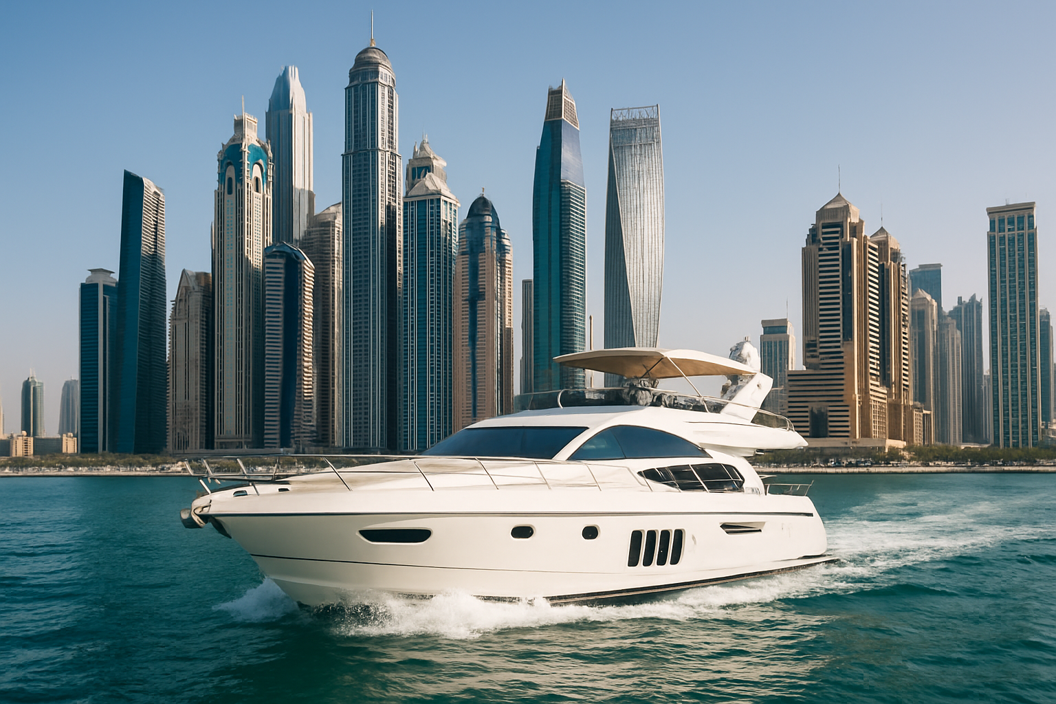Private yacht cruising along the Dubai Marina skyline